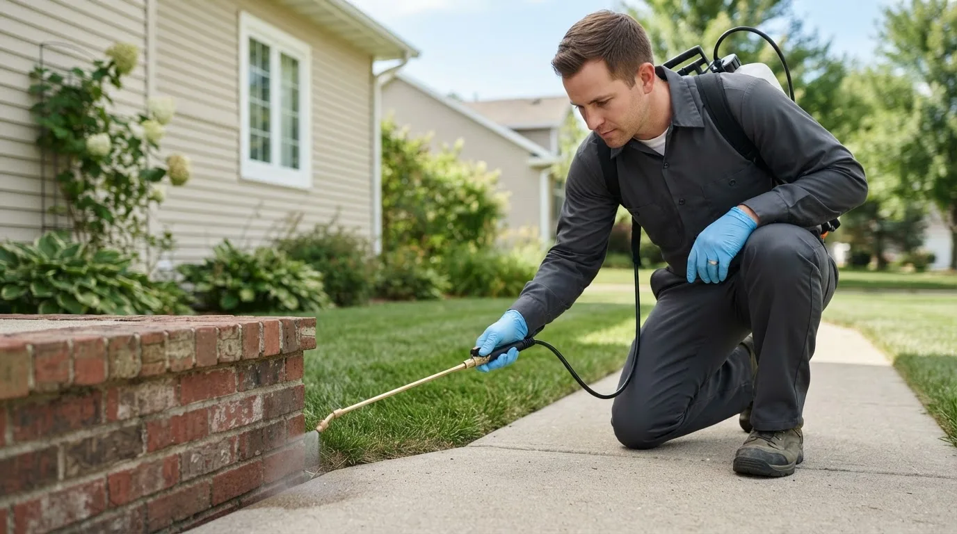 Pest control technician treating a home near Moorefield, NE