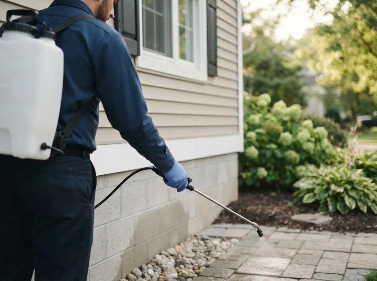Pest control technician inspecting a home in Moorefield, NE